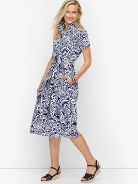 TALBOTS Women’s Belted Poplin Shirtdress in Blue White Paisley